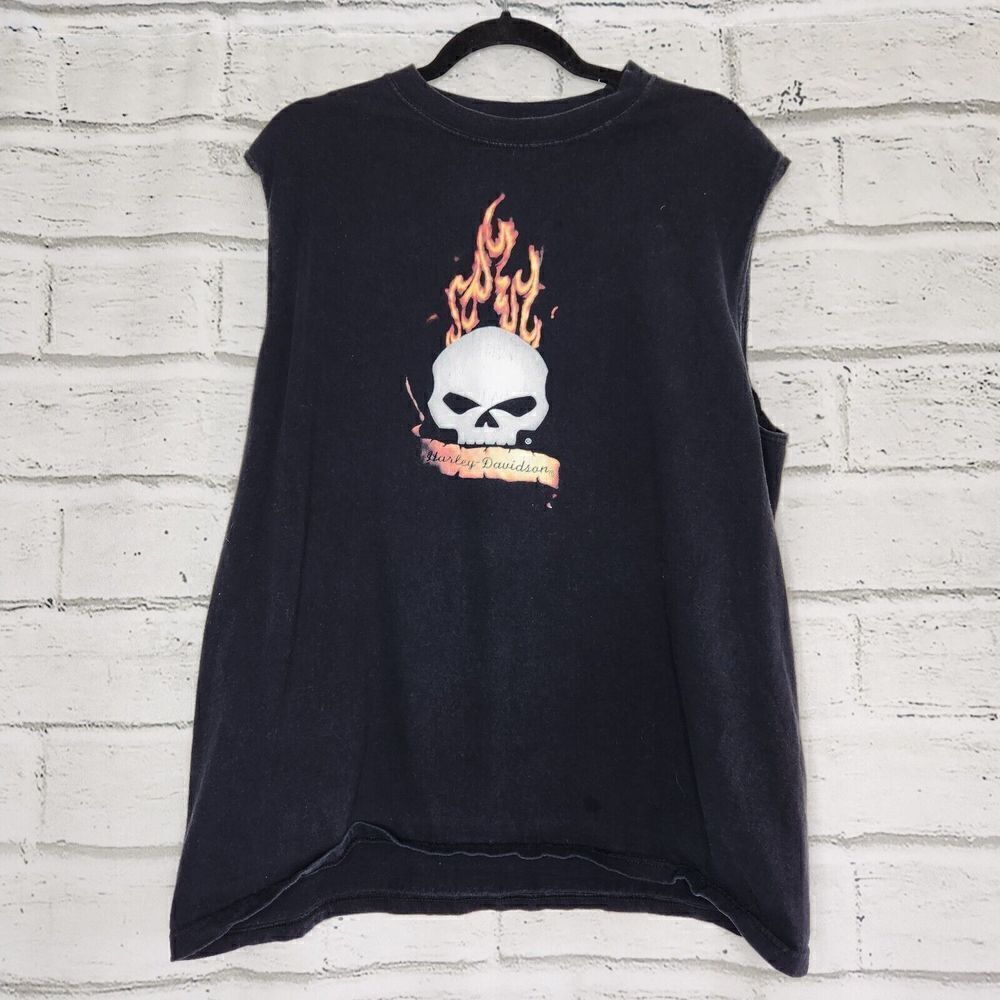 Harley Davidson Men's Black Flames Skull Sleeveless Tank Top Shirt Size XL
